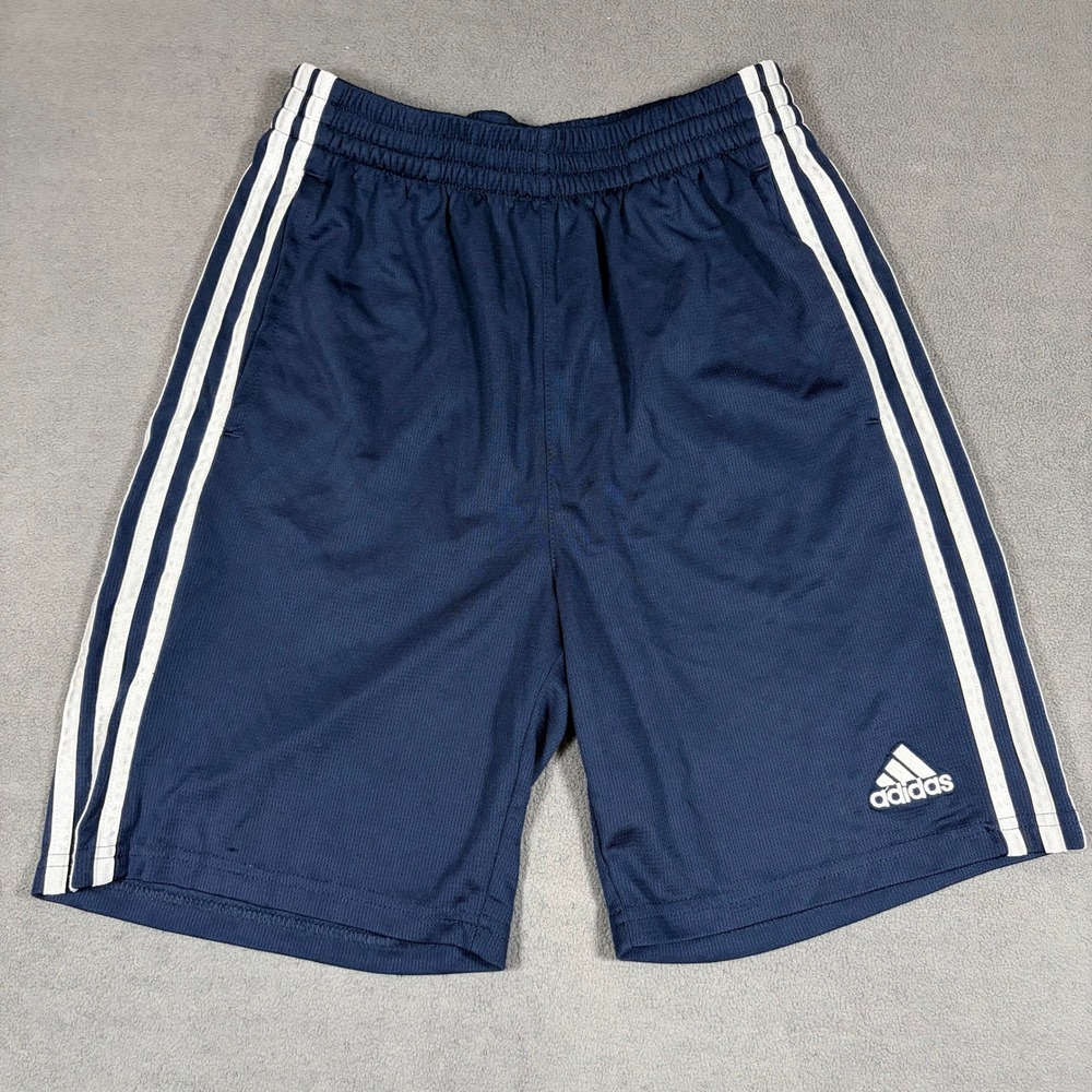 Adidas Athletic Shorts Boys Large (14/16) Navy Blue 3-Stripe Mesh Activewear